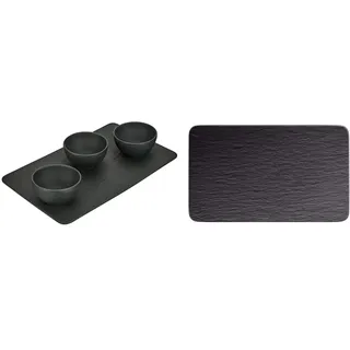 Villeroy und Boch - Manufacture Rock Set Dipschälchen 4tlg, & Villeroy und Boch - Manufacture Rock Multifunkionsteller rechteckig, moderner Speiseteller aus Premium Porzellan, schwarz