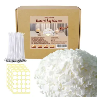 JEMESI Sojawachs flocken für Kerzen 1KG + 100 Dochte + 5 Blatt Aufkleber. Premium Natürlich Kerzenwachs, Sojawachs für die Herstellung von Kerzen