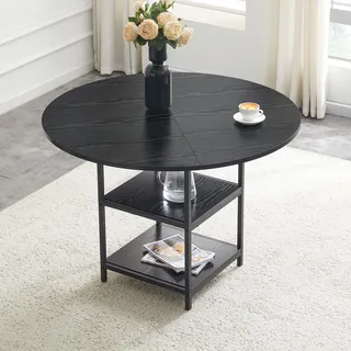 MODFU Runder Esstisch Beistelltisch mit zweistöckigem Regal Nussbaum-Optik geeignet für 2–4 Personen Metallgestell Schwarz - Schwarz