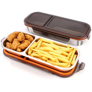 Musiwanna 2 Stück Snackbox Edelstahl mit 2 Fächern, Auslaufsicher Snackdose mit Deckel 700ml, Snackschale Unterwegs, Brotdose Metall Lunchbox, Klein Bento Box für Snack Soßen Nüsse Keksen Gemüse Obst