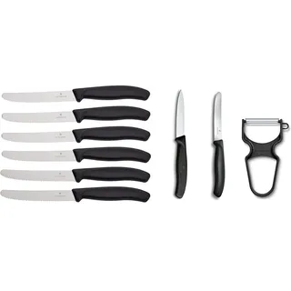 Victorinox Swiss Classic Tomatenmesser, Brotzeitmesser & Swiss Classic Gemüsemesser-Set, 3-teilig, Inkl. Tomatenmesser Wellenschliff, Gemüsemesser und Sparschäler, Spülmaschinengeeignet, schwarz