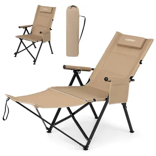 COSTWAY Campingstuhl mit Fußablage, klappbarer Liegestuhl (Khaki) | 4-fach verstellbare Rückenlehne, Kopfstütze & Seitentasche, Hochlehner Gartenstuhl, Strandstuhl, Klappstuhl für Camping