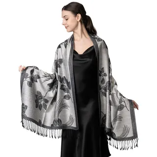 Achillea Weicher, seidiger, wendbarer Pashmina-Schal mit Fransen, Florales Silbergrau, 28" W x 76" L