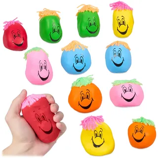 Relaxdays Stressball 8 cm, 12er Set, Grimasse/Haare, Antistressball knetbar für Kinder, Erwachsene, Knautschball, bunt