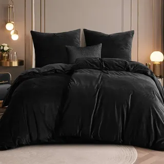 RUIKASI Flanell Bettwäsche 135 x 200 4 teilig Schwarz - Warm Winter Bettwäsche Kuschel Plüsch Fleece Bettbezug Sets mit 2 Kissenbezüge 80x80cm