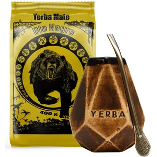 Yerba Mate-Tee Set mit Yerba Mate Rio Negro 400g ● Argentinien Yerba Mate Tee ● Keramik mate kalebasse tee tasse Cristal Honig 350ml ● Edelstahl Trinkhalm Bombilla 19cm
