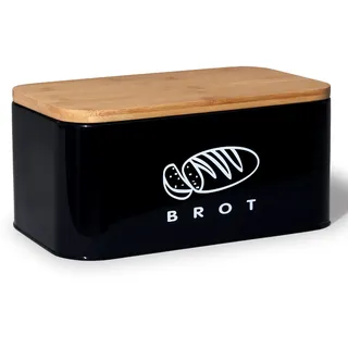 Theo&Cleo Brotkästen mit Deckel, Deckel aus Bambus, Kann als Schneidebrett, Geräumiger Retro Brotkasten aus Metall, Brot Lange Aufbewahren und Frisch Halten 30cm * 18cm * 14cm Schwarz