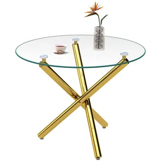 Modfu Couchtisch aus Glas und Metall in Gold mit Kreuzfuß & verstellbaren Gleitern , Goldfarben , 80x77x80 cm , Wohnzimmer, Wohnzimmertische, Couchtische