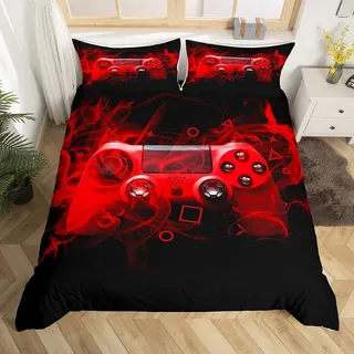 Tbrand Kinder Gamepad Bettwäsche Set 135x200cm Gamer Schlafzimmer Dekor für Jungen Mädchen Videospiel Controller Betten Set Jugend Spielekonsole Bettbezug Set Rot Schwarz Geometrie Reißverschluss