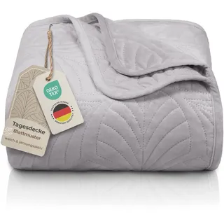 Gräfenstayn Premium Tagesdecke 200x220 cm – Bettüberwurf mit Nahtloser Steppung & Blatt-Design – Samt-Decke – weich, knitterfrei & pflegeleicht – Überwurf für Bett & Sofa (grau)