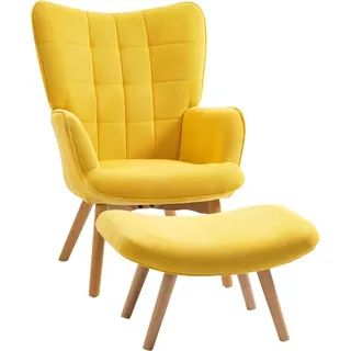 Relaxsessel Loungesessel Ohrensessel mit Hocker Armlehnstuhl mit Holzbeine in Cord-Optik Gelb - Gelb