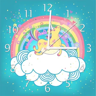 Wallario Design Wanduhr Lustiges Einhorn auf einer Wolke vor Regenbogen aus Echtglas, Größe 30 x 30 cm - Türkis