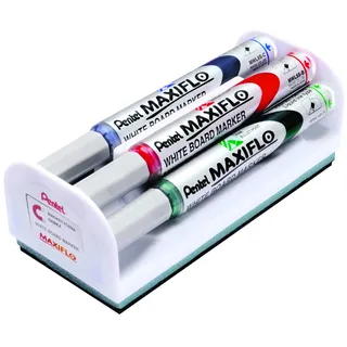 Pentel MWLS5-4N Maxiflo Whiteboard Marker Set mit Schwamm und magnetischer Halterung, sortiert