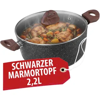 MAGIC HOME Aluguss Topf 20 cm INDUKTION | Marmor Antihaft | Kleiner Beschichteter Kochtopf mit Glasdeckel für Alle Herdarten, Induktionsherd | Ergonomischer Griff in Holzoptik | Black Marble Line
