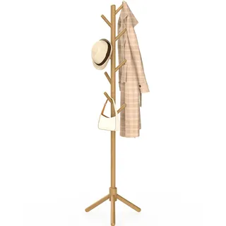 YheenLf Garderobenständer Holz, Kleiderständer Massivholz, Jackenständer für Kleidung, Hüte, Taschen, Eingang, Wohnzimmer, Schlafzimmer, 8 Haken, 3 Verstellbare Höhen, Holzfarben, 42x180cm