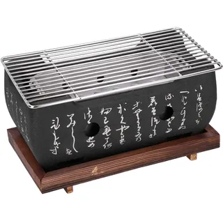 Japanischer Tischgrill, Mini Holzkohle Tischgrill Japanischer BBQ Grill Barbecue-Grill mit Backblech Drahtgitter und Holzbasis für Yakiniku Robata Yakitori Takoyaki und BBQ