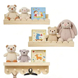 Pilikoll 3 Stück 40cm Bücherregal Kinder Wand mit Holzhaken für Wohnzimmer | Holz Wandregal Kinderzimmer, für Badezimmer Küche Schlafzimmer, Bücher Schweberegale, Wandmontage Holz Wandregals