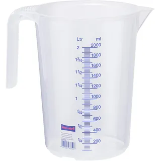 Hünersdorff Messbecher 2l | Polypropylen (PP) | bruchsicher und spülmaschinengeeignet | offener Griff | blaue Skala, Transparent+blau