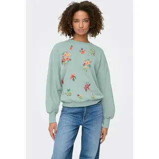 Sweatshirt ONLY "ONLBROOKE L/S O-NECK FLOWER SWT", Damen, Gr. M, jadeite print:autumn flowers, Sweatware, Obermaterial: 60% Baumwolle, 40% Polyester, regular fit normal, Rundhals, Rippbündchen, Sweatshirts Sweatshirt, Baumwollmischung, regular fit