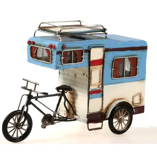 Wohnwagen Fahrrad Metall 26 cm mit Spardose und Bilderrahmen Camper Oldtimer Nostalgie Wohnwagen Sparbüchse Velo Rad Vintage Auto Caravan Camping Reise Gutschein
