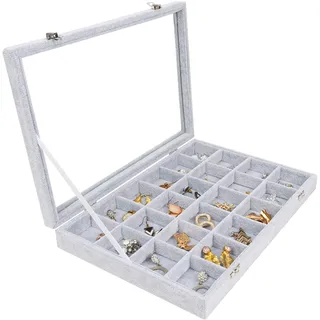 BELLE VOUS Schmuck Organizer Box - Schmuckkiste mit Deckel und 24 Samt Fächer - Schmuckkasten Damen für Ohrring Ring Aufbewahrung - Schmuckaufbewahrung Schublade stapelbar