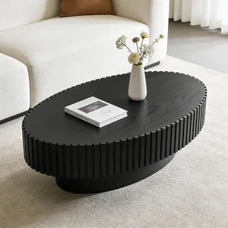 RZTPYS Mid-Century-Modern-Stil Ovaler Couchtisch, Schwarz 110cm | Geriffelter Couchtisch Mit Stabilem Gestell, Wohnzimmertisch Im ,Trommelförmiger Couchtisch, Beistelltisch Für Kleine