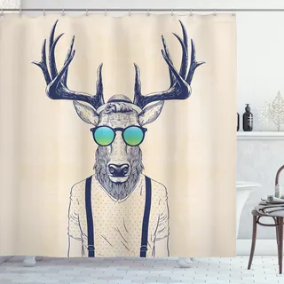 ABAKUHAUS Geweih Duschvorhang, Hipster Cooles Spaß-Tier, mit 12 Ringe Set Stielvoll Modern, 175x200 cm, Beige Dunkelblau