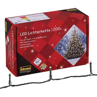 IDENA 31224 - LED Lichterkette mit 200 LEDs in Bernsteinfarben, 8 Stunden Timer Funktion und Transformator, ca. 27,9 m