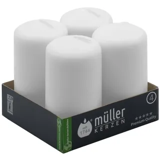 Müller Stumpenkerzen - Weiß - 4 Stück - Durchmesser 5 cm, Höhe 9 cm - Brenndauer 16 Stunden - Unparfümierte - Kerzen Deko, für Haushalt, Feiern und Gastronomie