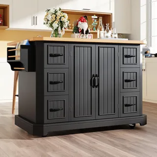 Flieks Küchenwagen mit 2 Türen & 6 Schubladen, Mobil Kücheninsel, Küchenschrank 120x45(75)x91cm, Schwarz - Schwarz
