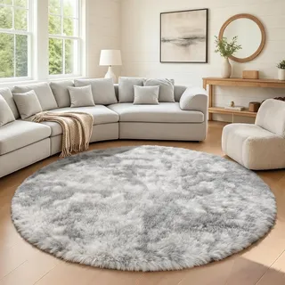 Homcomodar Hochflor Teppich Rund 180 cm Grau Wohnzimmer Schlafzimme Teppich Flauschig rutschfest Teppiche kinderzimmer Flauschig Teppiche