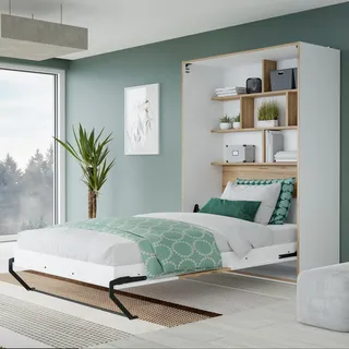 Forte SMARTROOM Multifunktionsbett 120 x 180, modernes Schrankbett mit Regal, Schlafzimmer, Apartment, Holzwerkstoff, Catania Eiche Holzwerkstoff|Weiß, 137,4 cm breit x 215 cm hoch x 57,4 cm tief