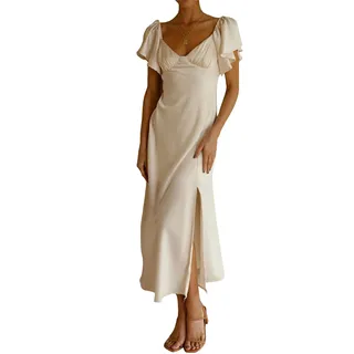 Phicia Damen Satin Off Shoulder Formal Kleider Hochzeit Gast Elegant Schmetterling Ärmel Split Cocktail Party Midi Kleid, Champagner, Mittel