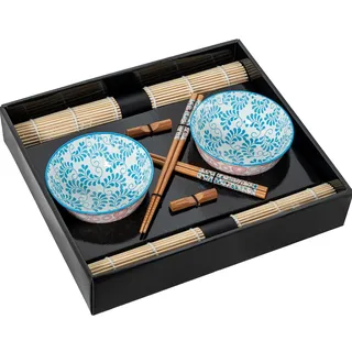 DRW Sushi-Set mit 2 Schüsseln mit Essstäbchen und Untersetzer aus Porzellan und Holz in Blau, Weiß und Natur, 12 x 12 x 6 cm