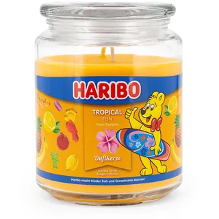 Haribo Große Duftkerze im Glas mit Deckel | Tropical Fun 510g | Duftkerze Fruchtig | 2 Dochte | Brenndauer bis 100h | Geschenkidee für Frauen | Fruchtiger Raumduft