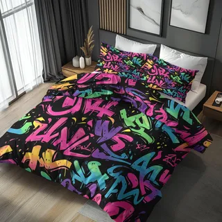 Generisch Graffiti Bettwäsche 140x200 - Schlafzimmer Deko Bunt, Graffiti Bettbezug 140 x 200 2er Set mit 1 Kissenbezug 70x90, Weiche Mikrofaser Sommerbettwäsche mit Reißverschluss