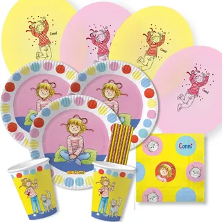 52-teiliges Party-Set - Meine Freundin Conni - Teller Becher Servietten Ballons Trinkhalme für 8 Kinder