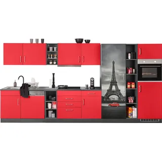 Küchenzeile KOCHSTATION "KS-Paris – Küchen mit einzigartigen Fotomotiven auf den Fronten", rot (küche: rot, front: rot, korpus: grafit, arbeitsplatte: anthrazit), B:400cm H:200cm T:60cm, Komplettküchen-Sets, Küchenzeile, Breite 400 cm, wahlweise mit E-Geräten und Induktion