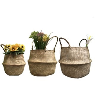 GOODCHANCEUK 3er Set Wäschekorb Faltbar Seegras Blumenkorb Handgewebt Blumen Stroh Korb für Pflanze Blumentopf mit Griffen