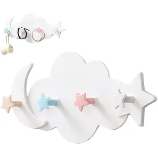 Kindergarderobe Mit 4 Haken Kinder Kleiderhaken Wandgarderobe Garderobenhaken Hakenleiste Garderobe Sterne Wolken Mond Wandhaken Halter Wandhaken ohne Bohren für Wand Tür Kinderzimmer 23x14 cm