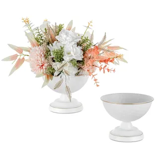 Sziqiqi Urne Vase für Hochzeit Tafelaufsatz: 14cm Kleine Vasen für Tischdeko Set of 2 - Weiß Vintage Topf für Kunstblumen Arrangement - Metall Waben Vase für Geburtstagsfeier