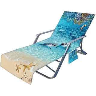 FANSU Ozean Schonbezug für Gartenliege Frottee Liegenauflage Garten Sonnenliege Handtuch mit 2 Taschen Stuhl Strandtuch für Schwimmbäder Strände Gartenhotels (Delfin,75x210cm)