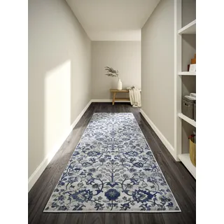 Villeroy & Boch Kurzflor Teppich Ernest - Klassischer Wohnzimmerteppich - Traditioneller Teppich für Wohnzimmer, Schlafzimmer, Esszimmer, Flur, Küche – Creme Blau, 80x240cm