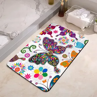 YISUMEI Badezimmerteppich 42x60 cm Badematte Rutschfester Waschbar Absorbierender Badvorleger Schnelltrocknend(Mandala Bunter Schmetterling)