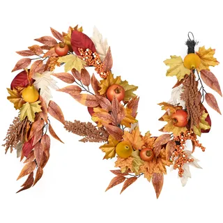 Valery Madelyn 152cm Herbstgirlande,türkranz Herbst mit Granatapfel Birne | künstliche Herbstkranz haustür mit Ahornblättern Beeren für Treppenmantel Tisch Thanksgiving,Fall deko Geschenke,Orange