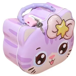 Lustige Metall-Spardose mit Schloss und Schlüssel, große Größe für Kinder und Mädchen (lila Katzen-Spardose mit Schloss)