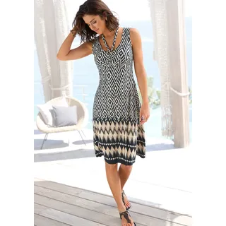 Jerseykleid BUFFALO, Damen, Gr. 38, N-Gr, schwarz-weiß (schwarz, beige bedruckt), Jersey, Obermaterial: 100% Viskose, bedruckt, figurbetont kniefrei, V-Ausschnitt, Kleider Jerseykleid, mit Bindeband, sommerliches Trägerkleid, Strandkleid