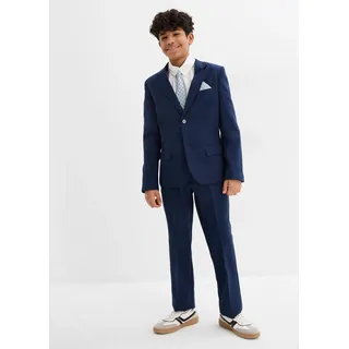 Anzug BONPRIX, Jungen, Gr. 146, N-Gr, blau (dunkelblau, weiß), Web, Obermaterial: 100% Baumwolle, mehrfarbig, unifarben, festlich, normal, Anzüge Anzug, bestehend aus Hose mit verstellbarem Bund, Hemd, Sakko und Krawatte