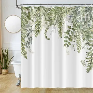 Uiiooazy Duschvorhang 180x180cm, Duschvorhang Anti Schimmel Grüne Blätter Eukalyptus Salbeigrün Blumen Duschvorhänge Wasserdicht Polyester Stoff Waschbar Bad Vorhang mit 12 Haken für Badezimmer