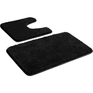 Badematten Set 2 Teilig, Badezimmerteppich Rutschfest Mikrofaser, Schwarz | 50x80+50x50 cm Badteppich Set Rutschfest und Waschbar, Flauschiger Badvorleger, Weiche Duschmatte für Badezimmer und Toilette